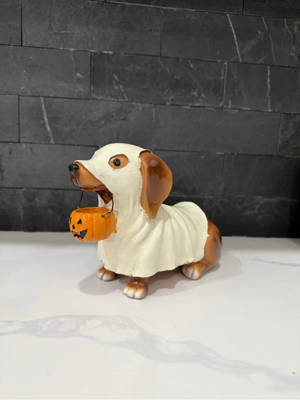 Halloween Dog Statue Figurine in White and Brown with Pumpkin Bucket